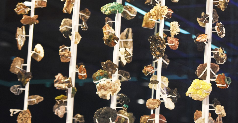 Mineral specimens suspended in The Box's 'Mammoth' gallery 